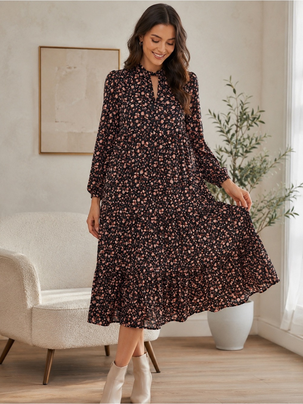 Levi's Black Floral Long Sleeve Tiered Midi Dress
